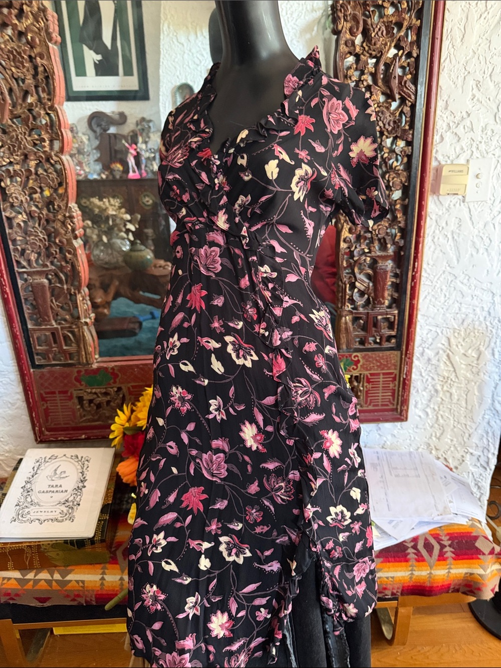 Black Floral Ruffle Midi Dress with Pink & Cream Accents